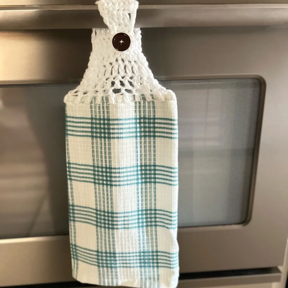 Hand Crafted Plaid Hanging Kitchen Hand Towel Crochet Top